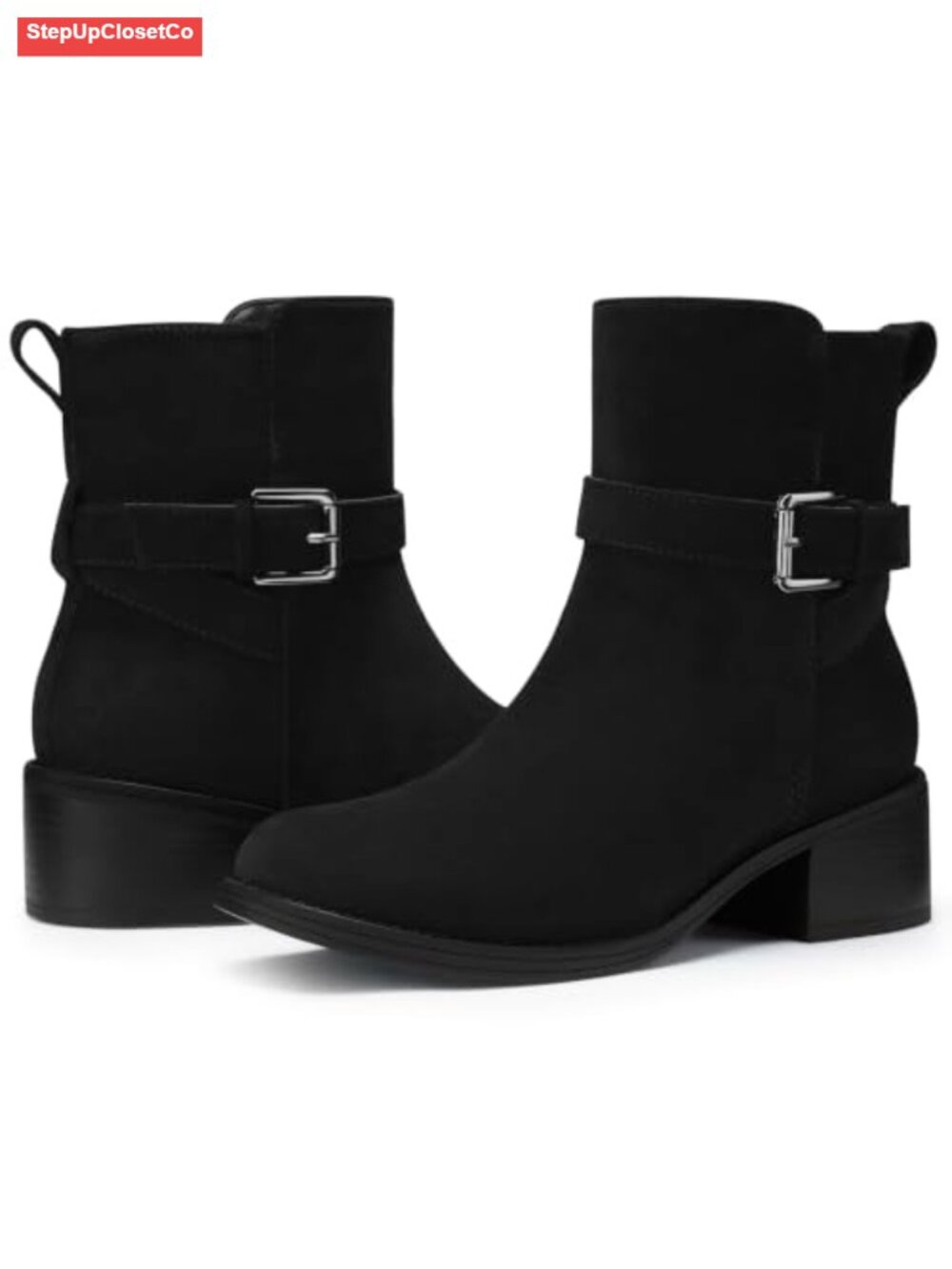 Women's Ankle Boots Square Toe Faux Leather Low Block Heel Side Zipper